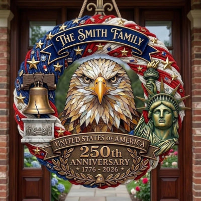 Patriotic America 250th Anniversary Door Sign 1776-2026, Personalized Wreath With Family Name, USA Independence Decor Gift