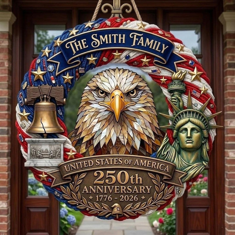 Patriotic America 250th Anniversary Door Sign 1776-2026, Personalized Wreath With Family Name, USA Independence Decor Gift