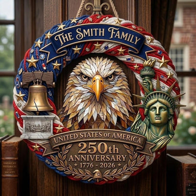 Patriotic America 250th Anniversary Door Sign 1776-2026, Personalized Wreath With Family Name, USA Independence Decor Gift