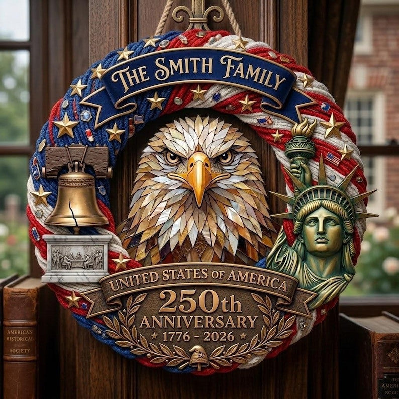 Patriotic America 250th Anniversary Door Sign 1776-2026, Personalized Wreath With Family Name, USA Independence Decor Gift