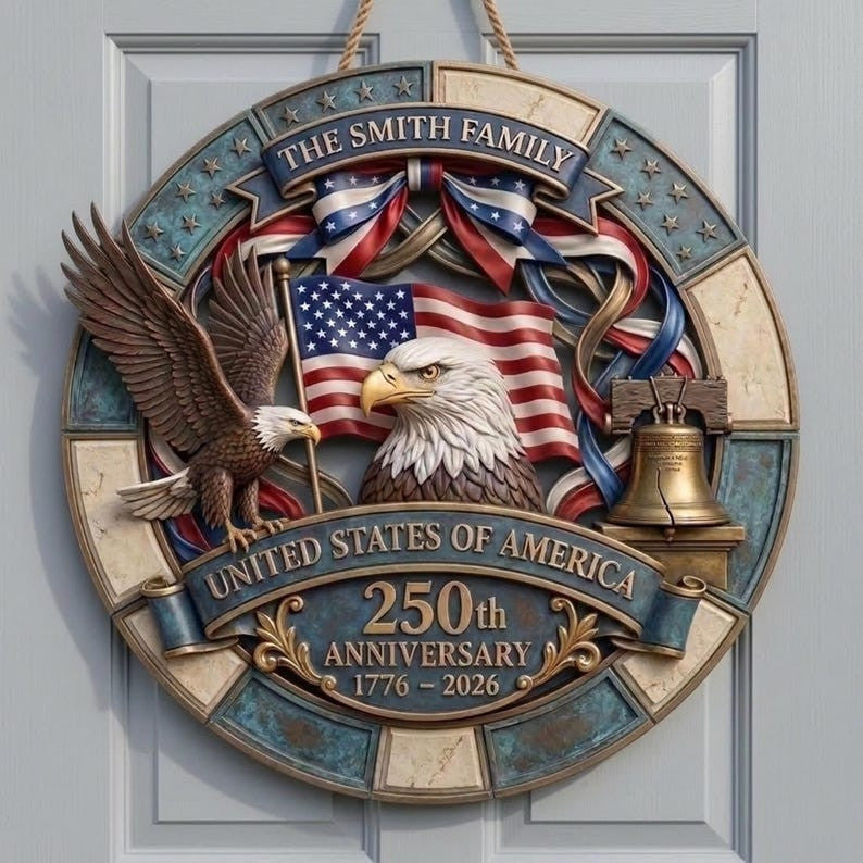 Personalized America 250th Anniversary Wooden Door Hanger, 1776–2026 Patriotic Wreath, Custom Family Name Semiquincentennial Decor