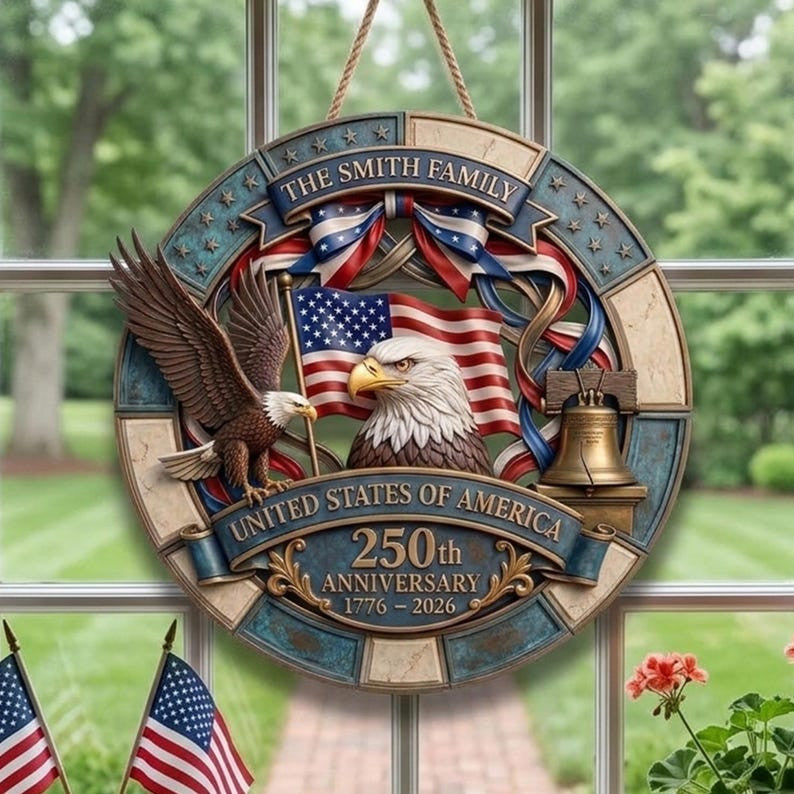 Personalized America 250th Anniversary Wooden Door Hanger, 1776–2026 Patriotic Wreath, Custom Family Name Semiquincentennial Decor