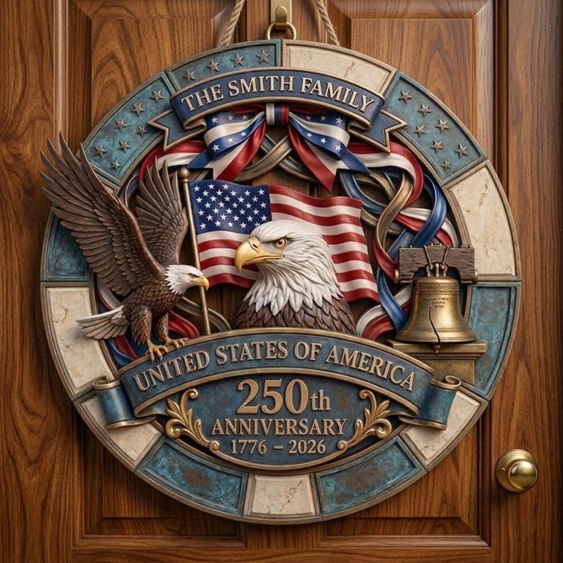 Personalized America 250th Anniversary Wooden Door Hanger, 1776–2026 Patriotic Wreath, Custom Family Name Semiquincentennial Decor