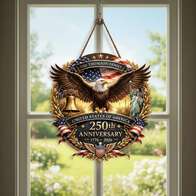 Personalized USA 250th Anniversary Wood Sign 1776-2026, Patriotic Home Decor Gift, Custom Family Name Door Hanger