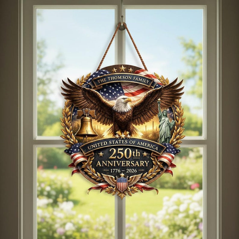 Personalized USA 250th Anniversary Wood Sign 1776-2026, Patriotic Home Decor Gift, Custom Family Name Door Hanger