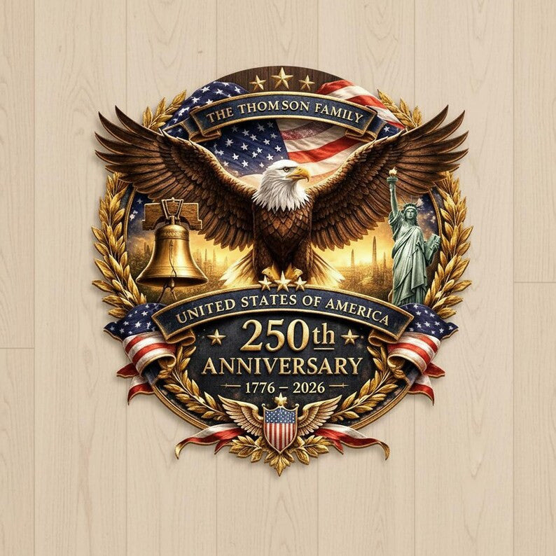 Personalized USA 250th Anniversary Wood Sign 1776-2026, Patriotic Home Decor Gift, Custom Family Name Door Hanger