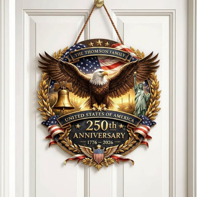 Personalized USA 250th Anniversary Wood Sign 1776-2026, Patriotic Home Decor Gift, Custom Family Name Door Hanger