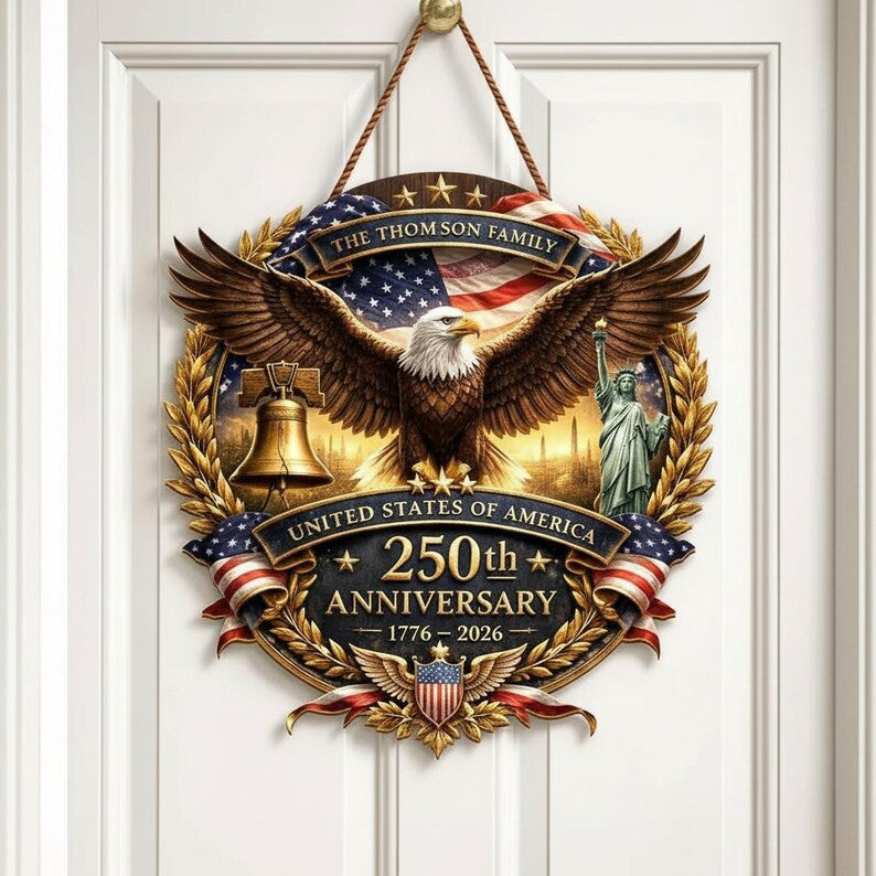 Personalized USA 250th Anniversary Wood Sign 1776-2026, Patriotic Home Decor Gift, Custom Family Name Door Hanger