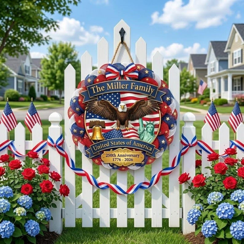 Personalized America 250th Anniversary Wood Wreath, 1776-2026 Patriotic Door Sign, Semiquincentennial Celebration Decor, Family Name Gift