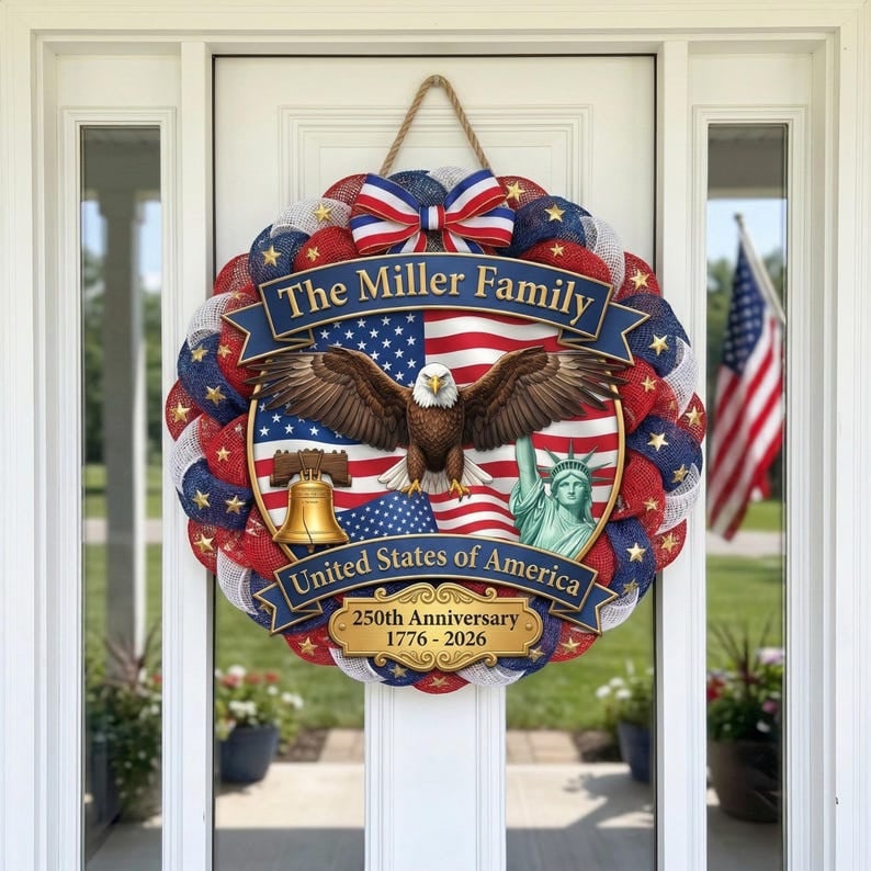 Personalized America 250th Anniversary Wood Wreath, 1776-2026 Patriotic Door Sign, Semiquincentennial Celebration Decor, Family Name Gift