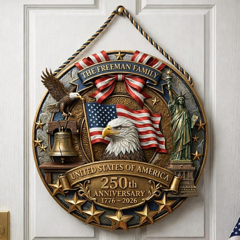 Personalized America 250th Anniversary Wood Wreath, Patriotic Door Sign, 3D Effect