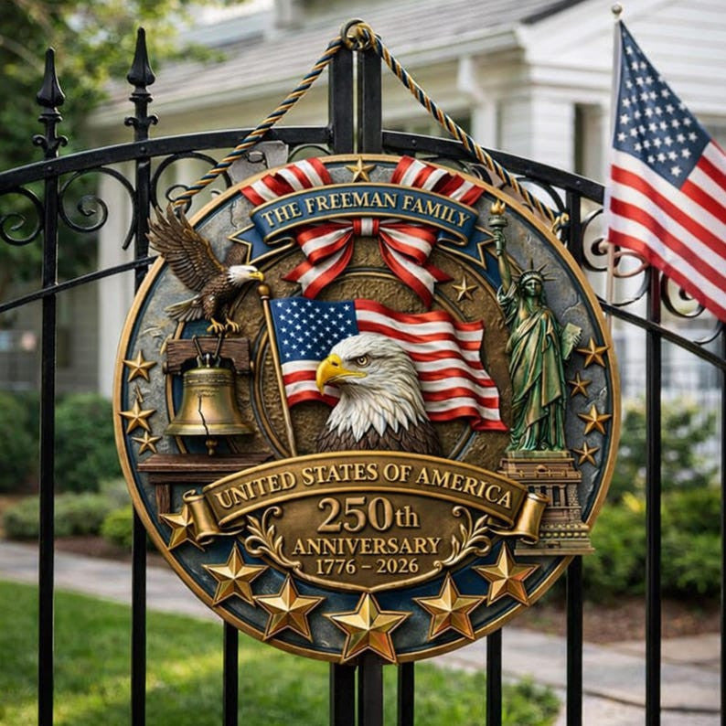 Personalized America 250th Anniversary Wood Wreath, Patriotic Door Sign, 3D Effect