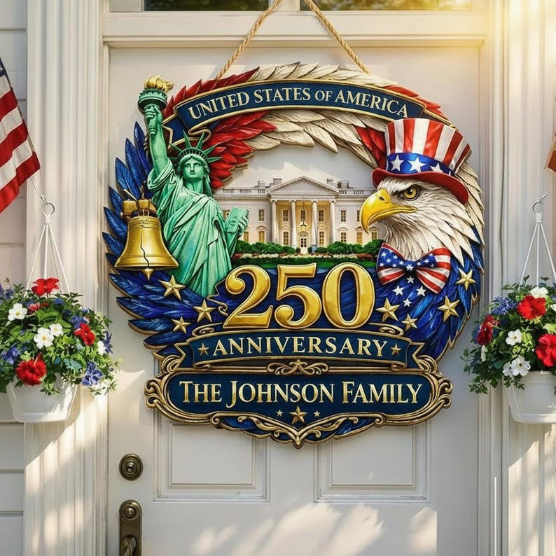 Personalized USA 250th Anniversary Wood Sign 1776-2026, Patriotic Home Decor Gift, Patriotic Wooden Door Hanger, USA Pride Decor