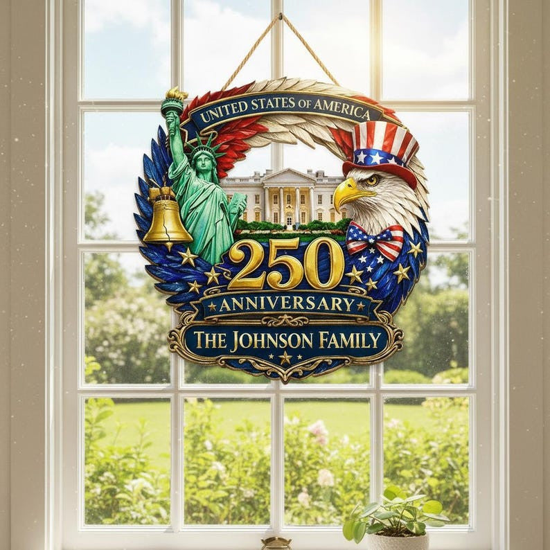 Personalized USA 250th Anniversary Wood Sign 1776-2026, Patriotic Home Decor Gift, Patriotic Wooden Door Hanger, USA Pride Decor