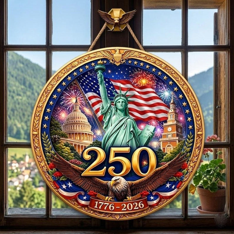 USA 250th Anniversary Door Sign America 1776-2026 Patriotic Round Wood Sign Liberty Bell Statue of Liberty Eagle Front Door Decor