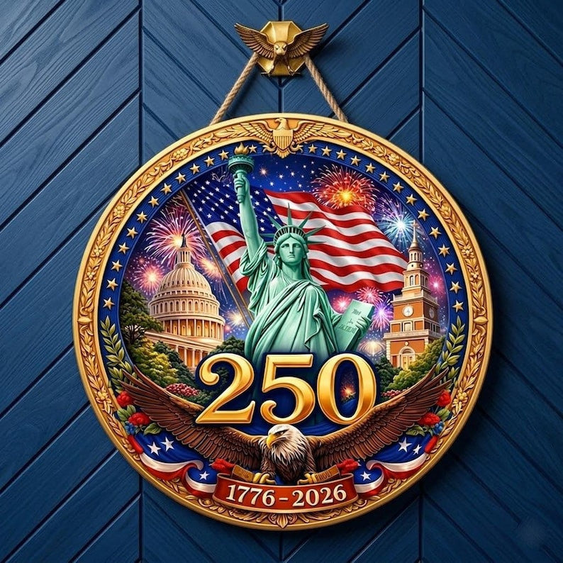 USA 250th Anniversary Door Sign America 1776-2026 Patriotic Round Wood Sign Liberty Bell Statue of Liberty Eagle Front Door Decor
