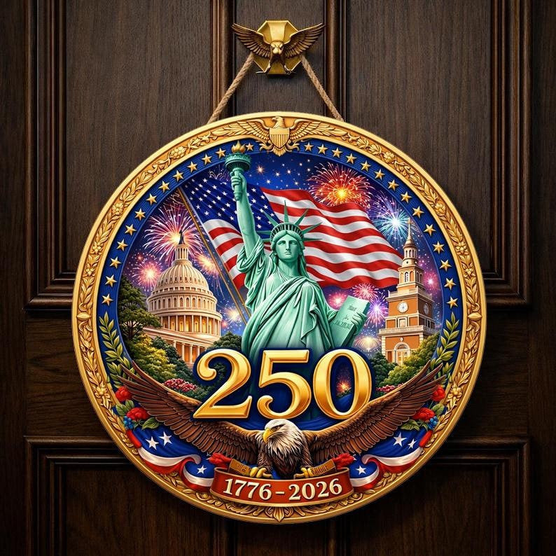 USA 250th Anniversary Door Sign America 1776-2026 Patriotic Round Wood Sign Liberty Bell Statue of Liberty Eagle Front Door Decor
