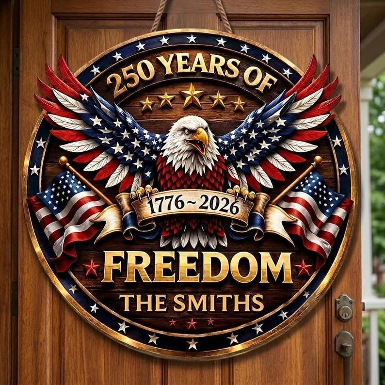 Personalized America 250th Anniversary Wood Sign 1776-2026 Freedom Eagle Custom Family Name Patriotic Door Decor