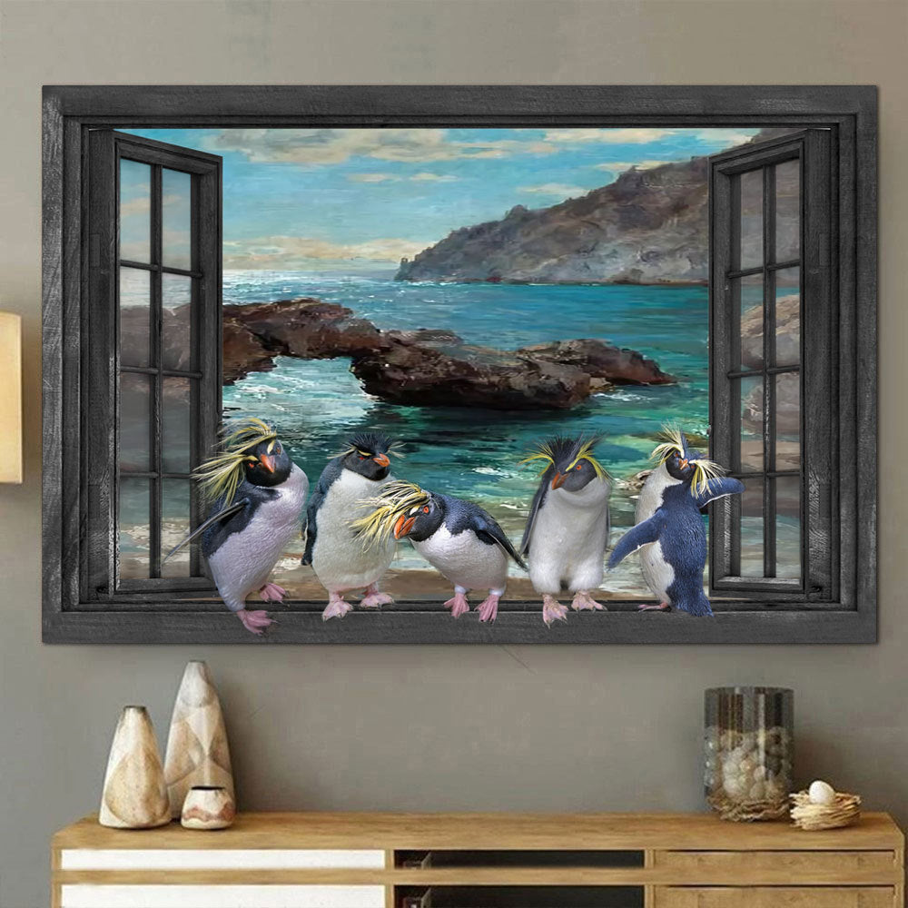 Penguin 3D Window View Canvas Wall Art Art 3D Window View Cute Animals Lover Home Decoration Gift For Friend Gift Birthday Framed Prints, Canvas