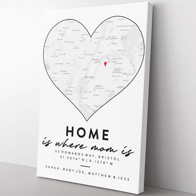 Personalized Wall Art Map Mothers Day Gift, Home Is Where Mom Is Framed Prints, Canvas