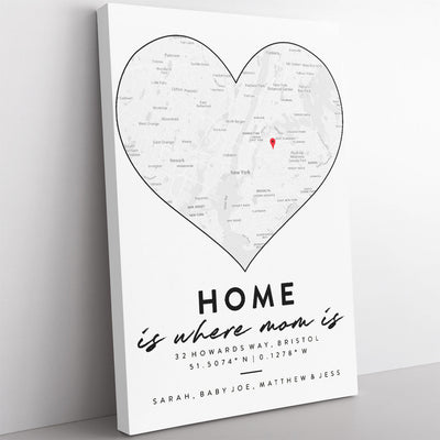 Personalized Wall Art Map Mothers Day Gift, Home Is Where Mom Is Framed Prints, Canvas