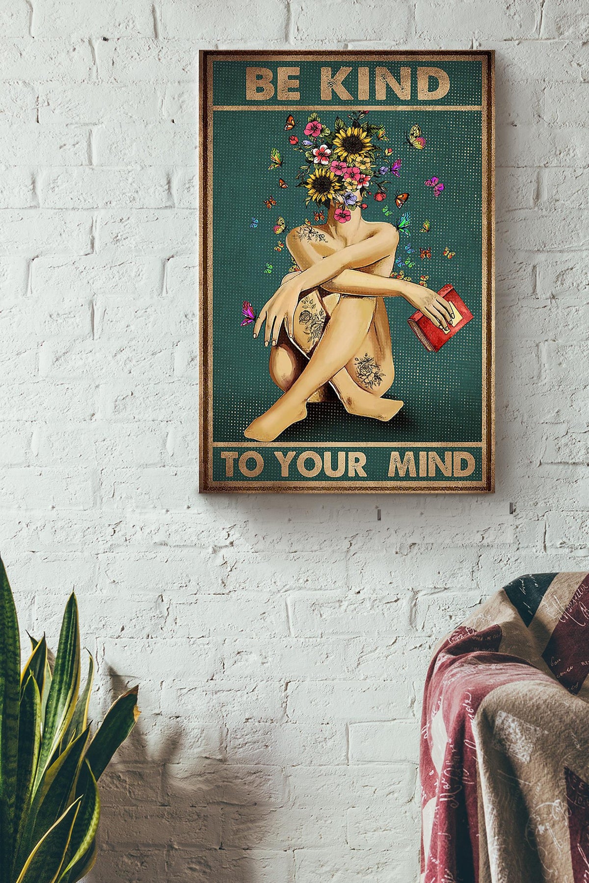 Be Kind To Your Mind Self Help Vintage Wall Art Motivation Gift For Girl Therapist Books Lover Bookworm Canvas Framed Prints, Canvas