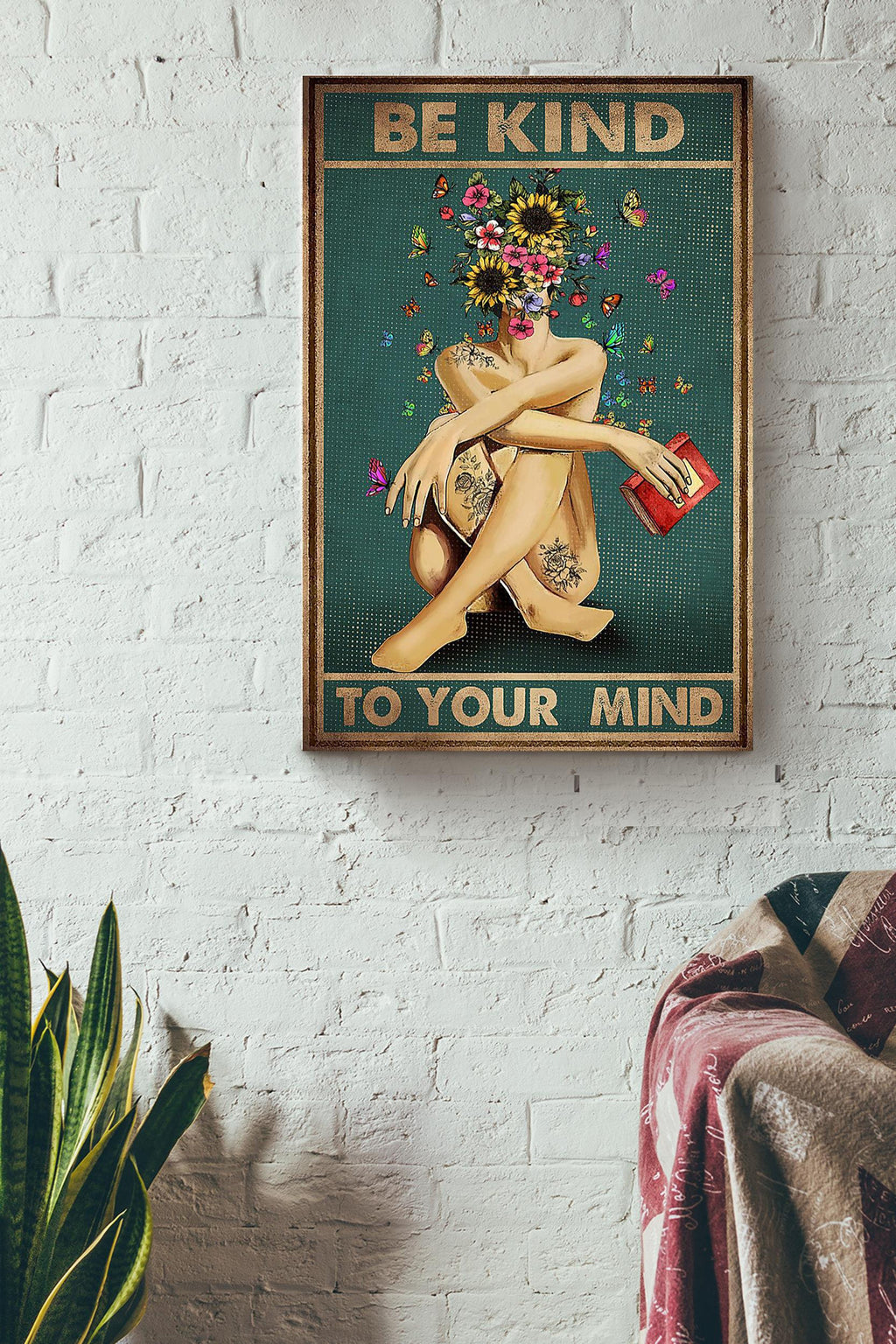 Be Kind To Your Mind Self Help Vintage Wall Art Motivation Gift For Girl Therapist Books Lover Bookworm Canvas Framed Prints, Canvas