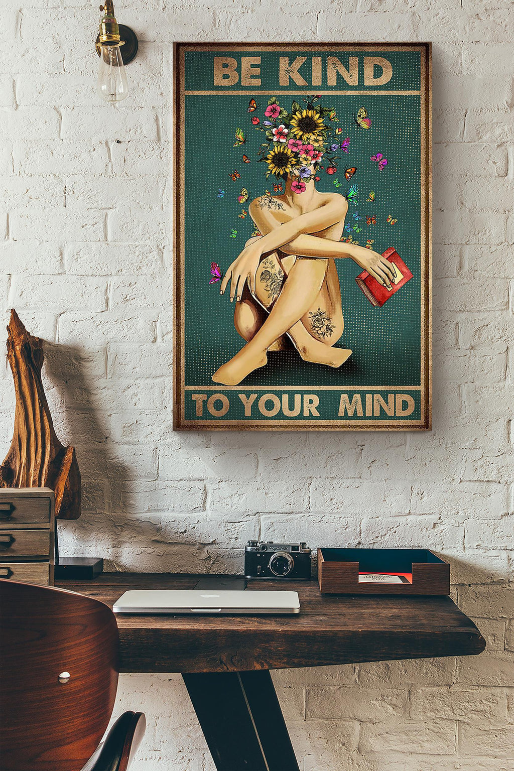 Be Kind To Your Mind Self Help Vintage Wall Art Motivation Gift For Girl Therapist Books Lover Bookworm Canvas Framed Prints, Canvas