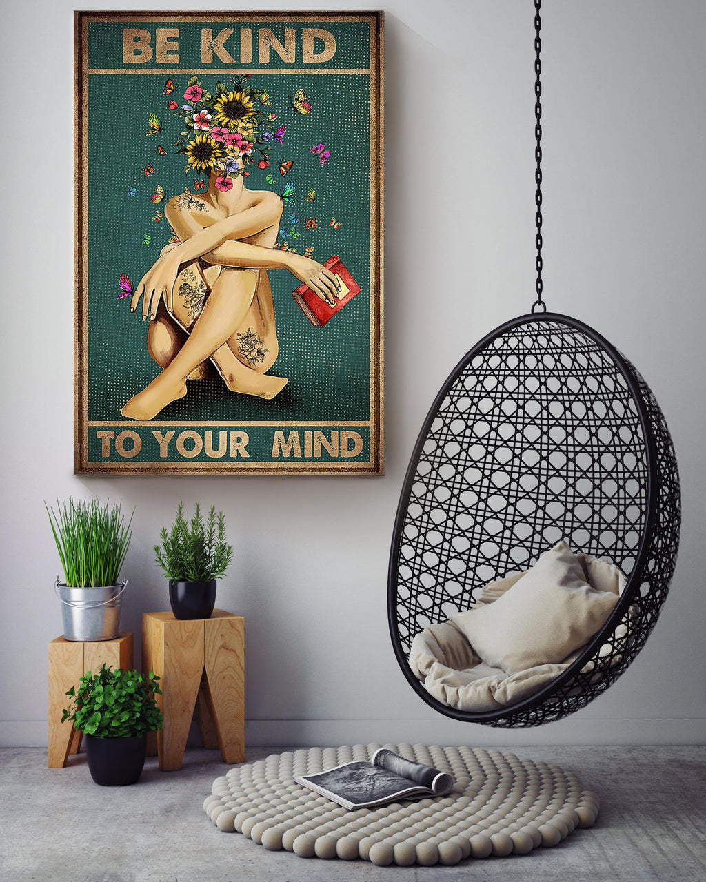 Be Kind To Your Mind Self Help Vintage Wall Art Motivation Gift For Girl Therapist Books Lover Bookworm Canvas Framed Prints, Canvas