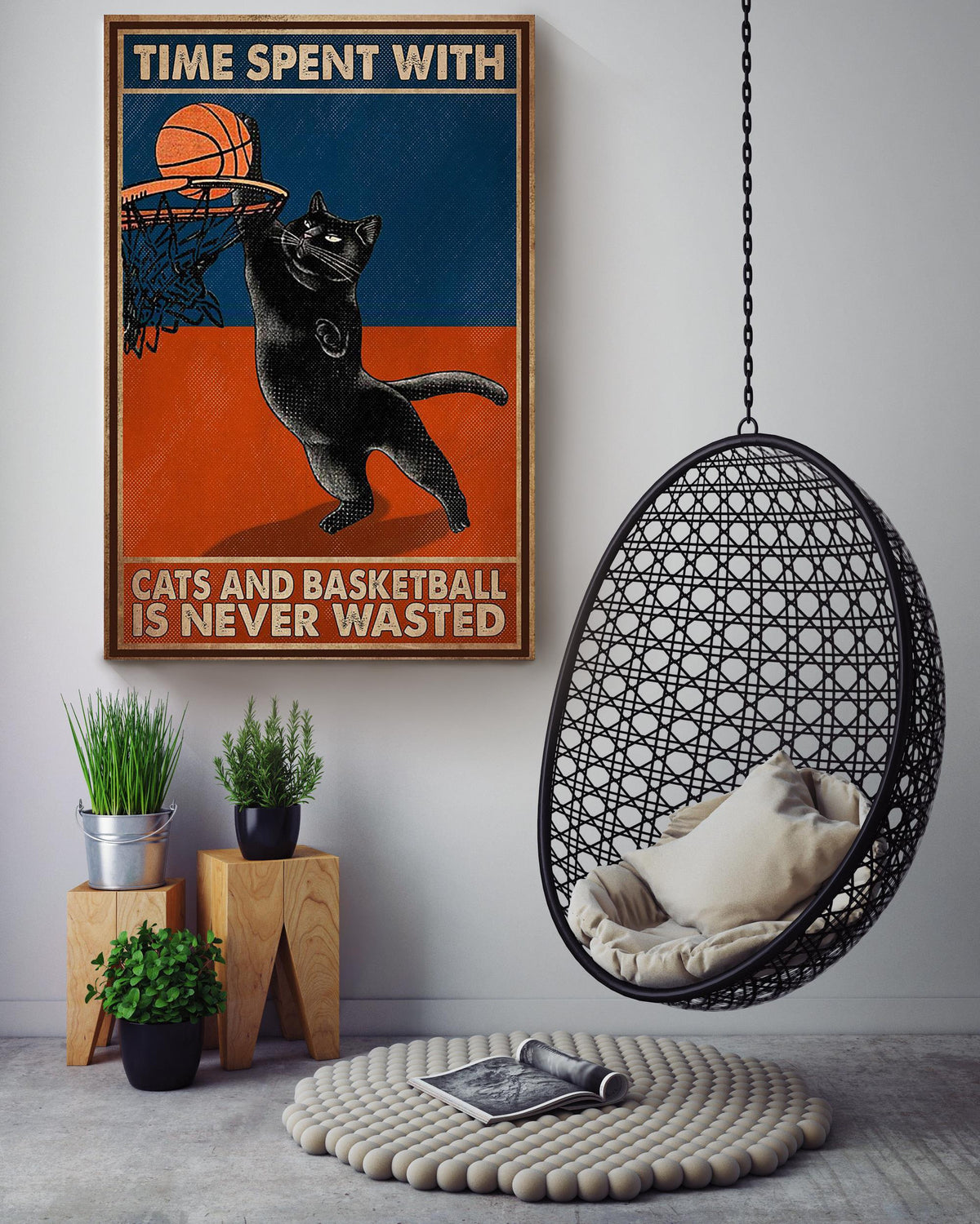 Basketball Time Spent With Cats And Basketball Is Never Wasted Quote Wall Art For Basketball Lover Canvas Framed Prints, Canvas