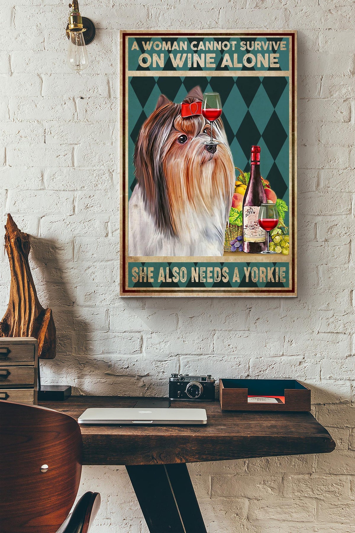 A Woman Cannot Survive On Wine Alone She Also Needs A Yorkie Poster - Animals Wall Art - Gift For Dog Lovers Wine Addictors Home Decor Pub Decor Canvas Gallery Wrapped Canvas Framed Gift Idea Framed Prints, Canvas