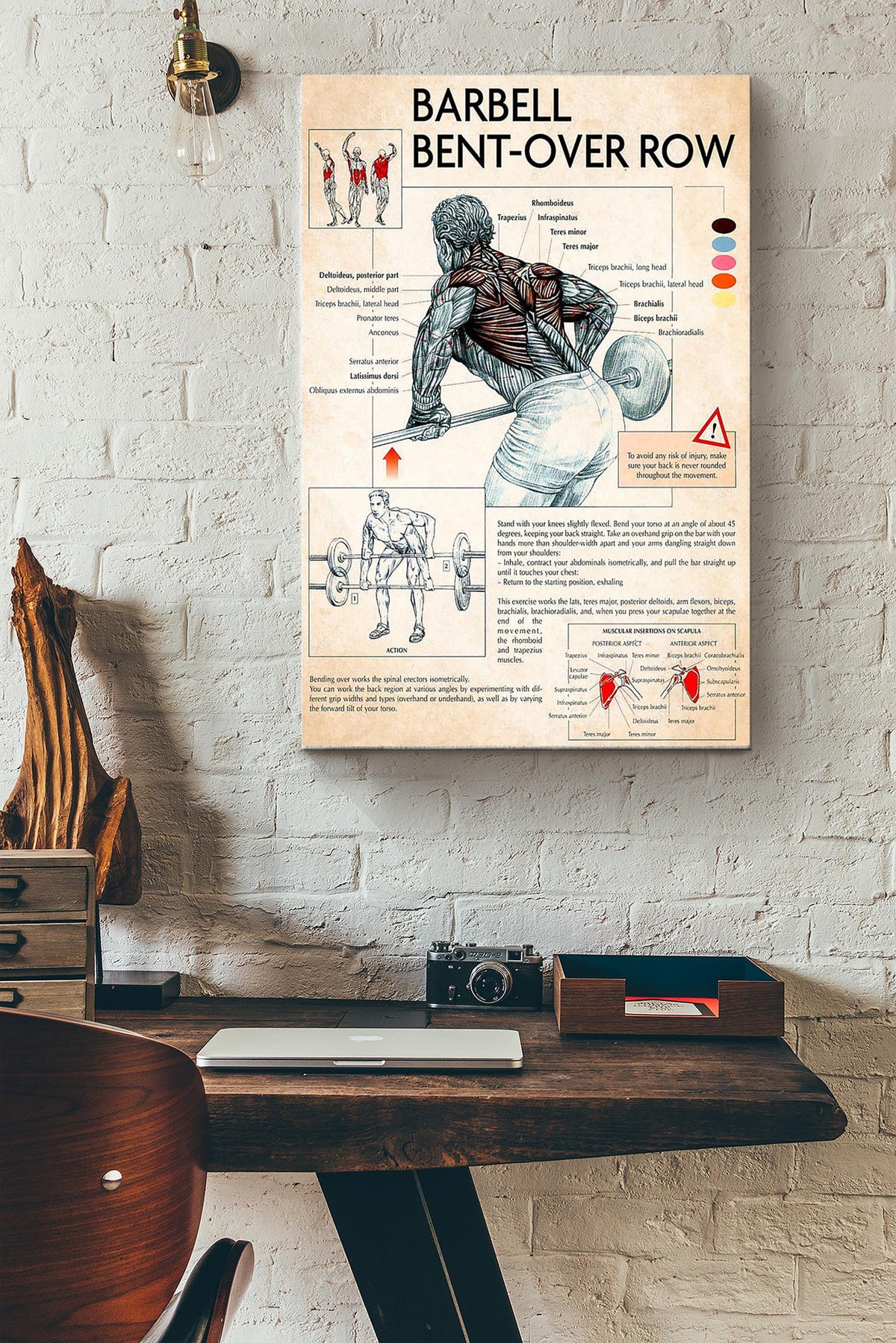 Barbell Bent Over Row Fitness Poster Canvas Gallery Wrapped Canvas Framed Gift Idea
