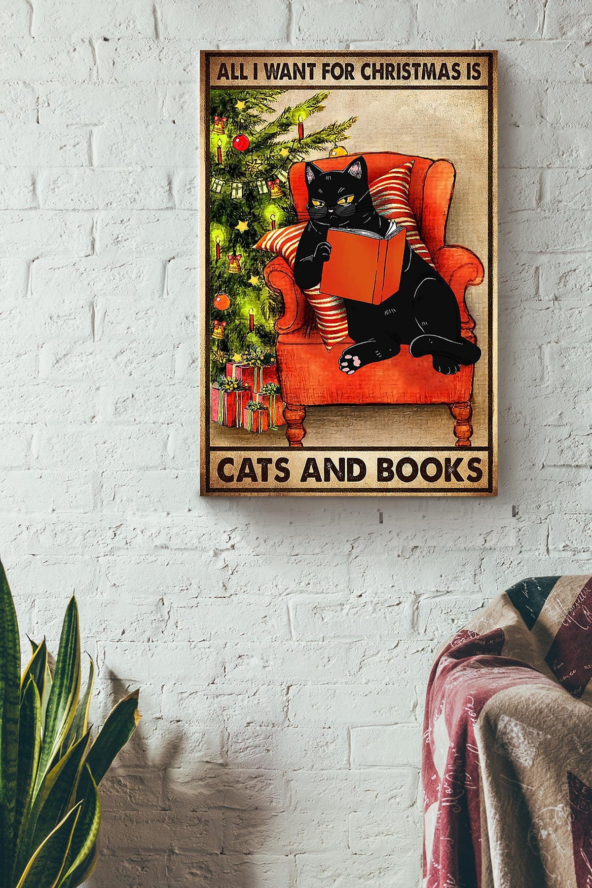 All I Want For Christmas Is Cat And Books Vintage Gift For Noel Black Cat Lover Cat Mom Canvas