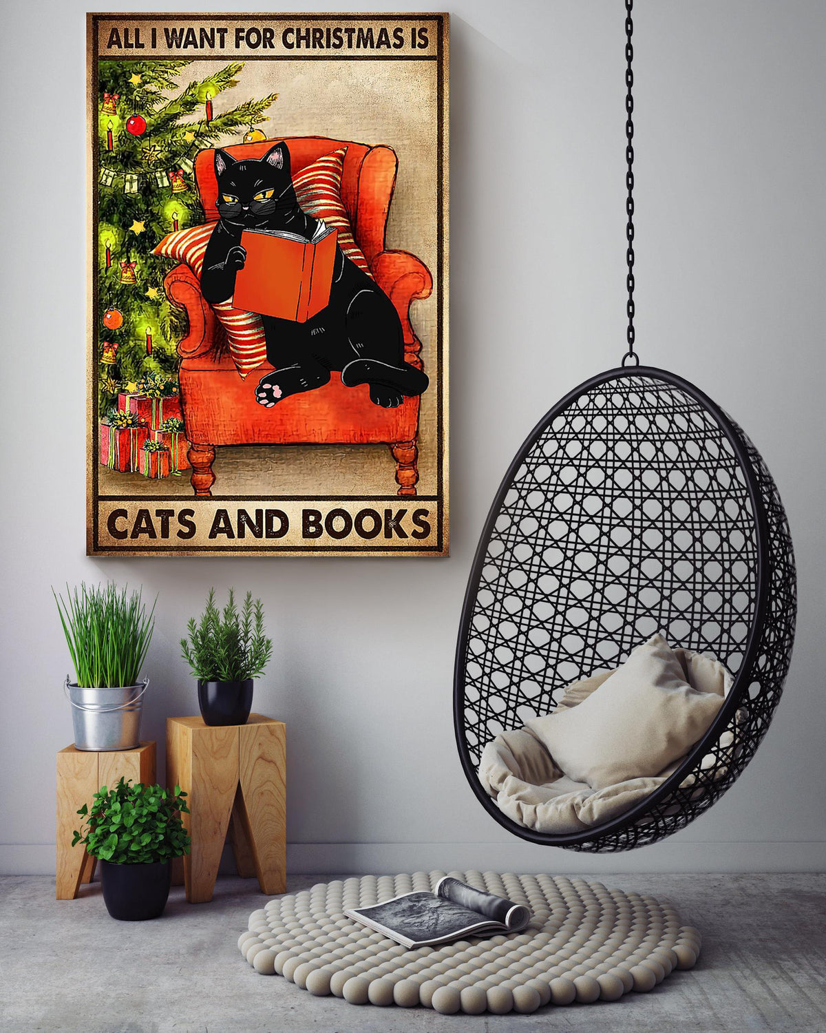 All I Want For Christmas Is Cat And Books Vintage Gift For Noel Black Cat Lover Cat Mom Canvas