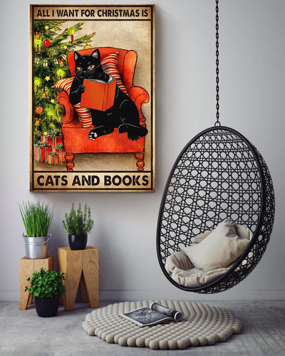 All I Want For Christmas Is Cat And Books Vintage Gift For Noel Black Cat Lover Cat Mom Canvas