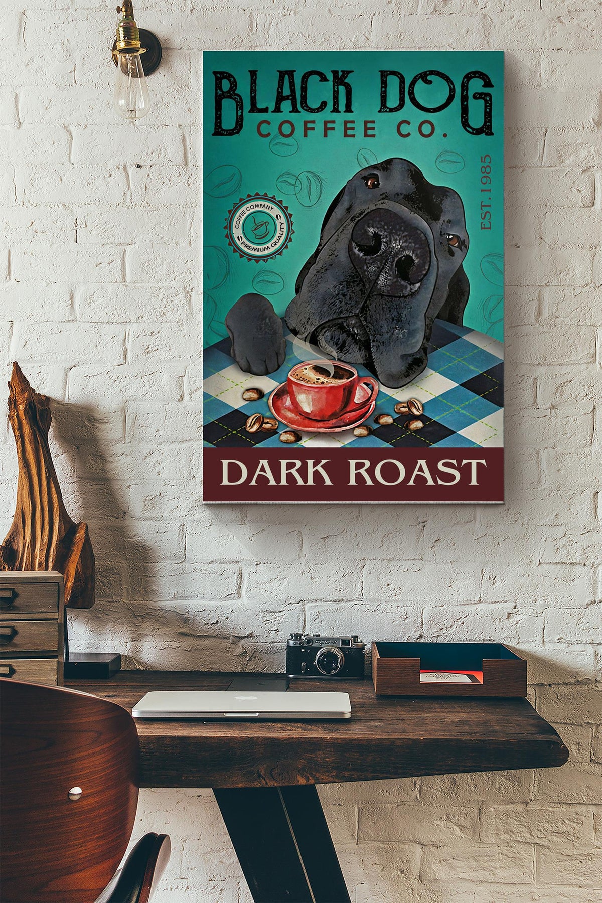 Black Dog Dark Roast Poster - Animals Wall Art - Gift For Dog Lovers Cafe Decor Home Decor Canvas Gallery Wrapped Canvas Framed Gift Idea Framed Prints, Canvas