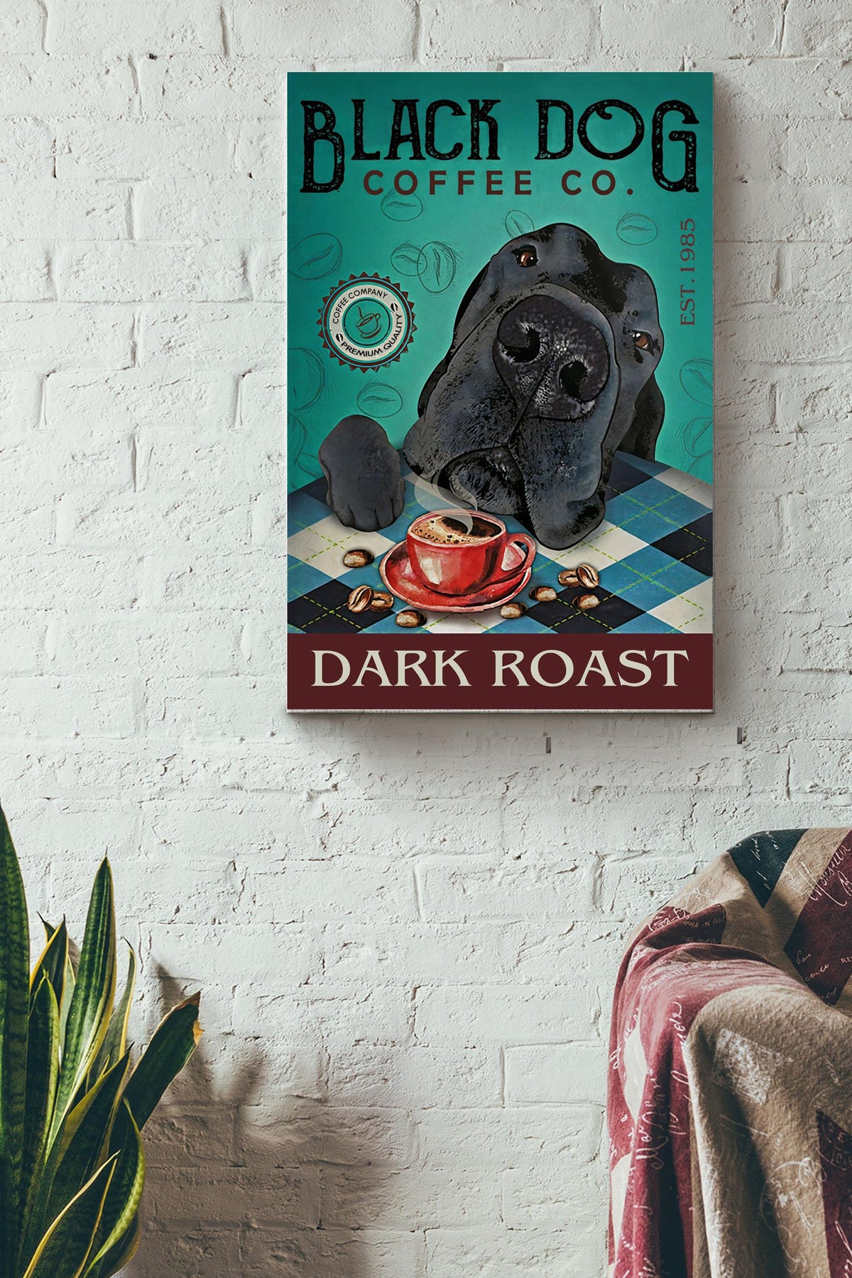 Black Dog Dark Roast Poster - Animals Wall Art - Gift For Dog Lovers Cafe Decor Home Decor Canvas Gallery Wrapped Canvas Framed Gift Idea Framed Prints, Canvas