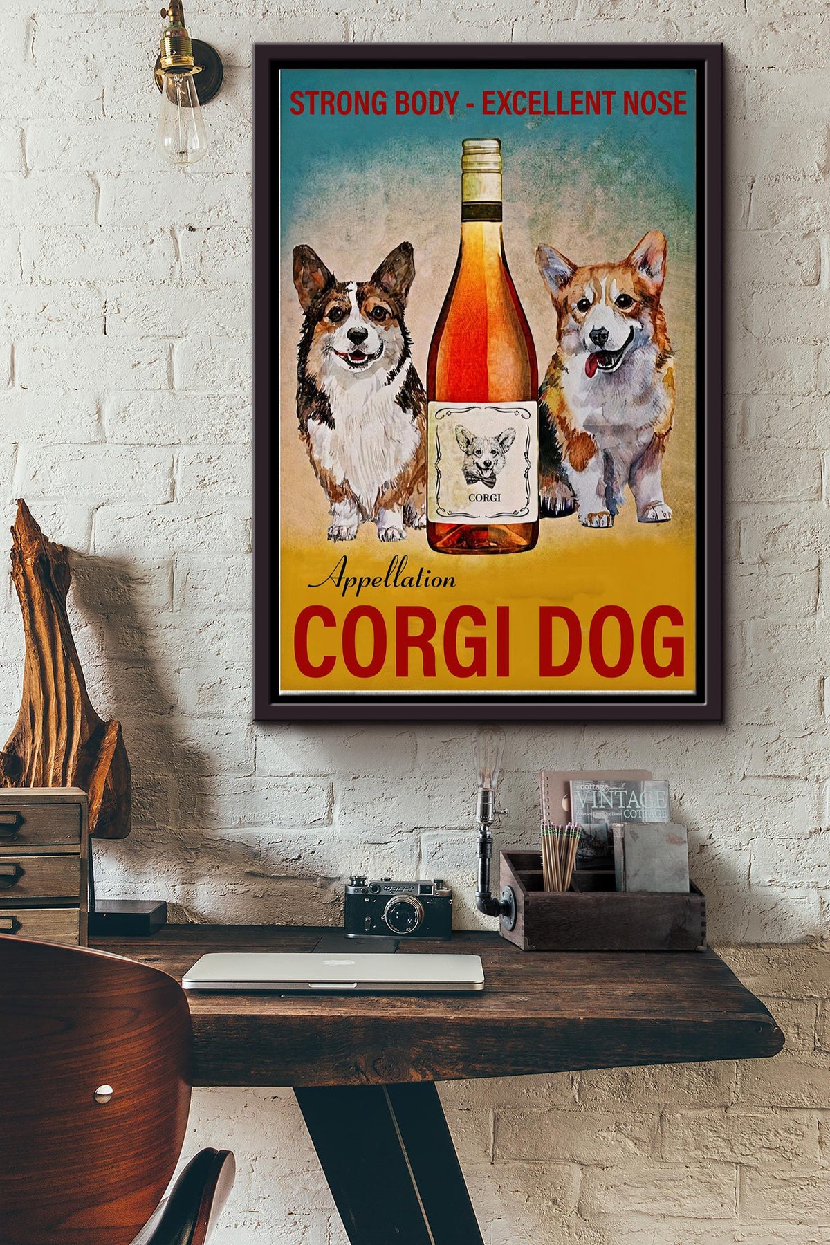 Corgi Dog Wine Poster - Animal Wall Art - Gift For Dog Fan, Wine Liver, Alcohol Addict Framed Matte Canvas Framed Prints, Canvas