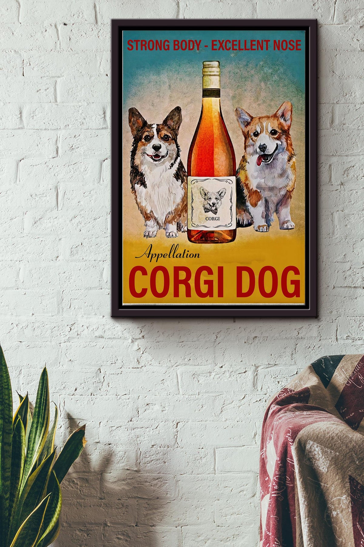 Corgi Dog Wine Poster - Animal Wall Art - Gift For Dog Fan, Wine Liver, Alcohol Addict Framed Matte Canvas Framed Prints, Canvas