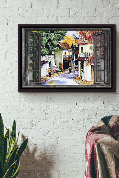Hanoi Old Quarter Window View Poster n Framed Matte Canvas