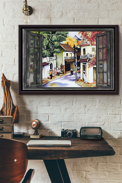 Hanoi Old Quarter Window View Poster n Framed Matte Canvas