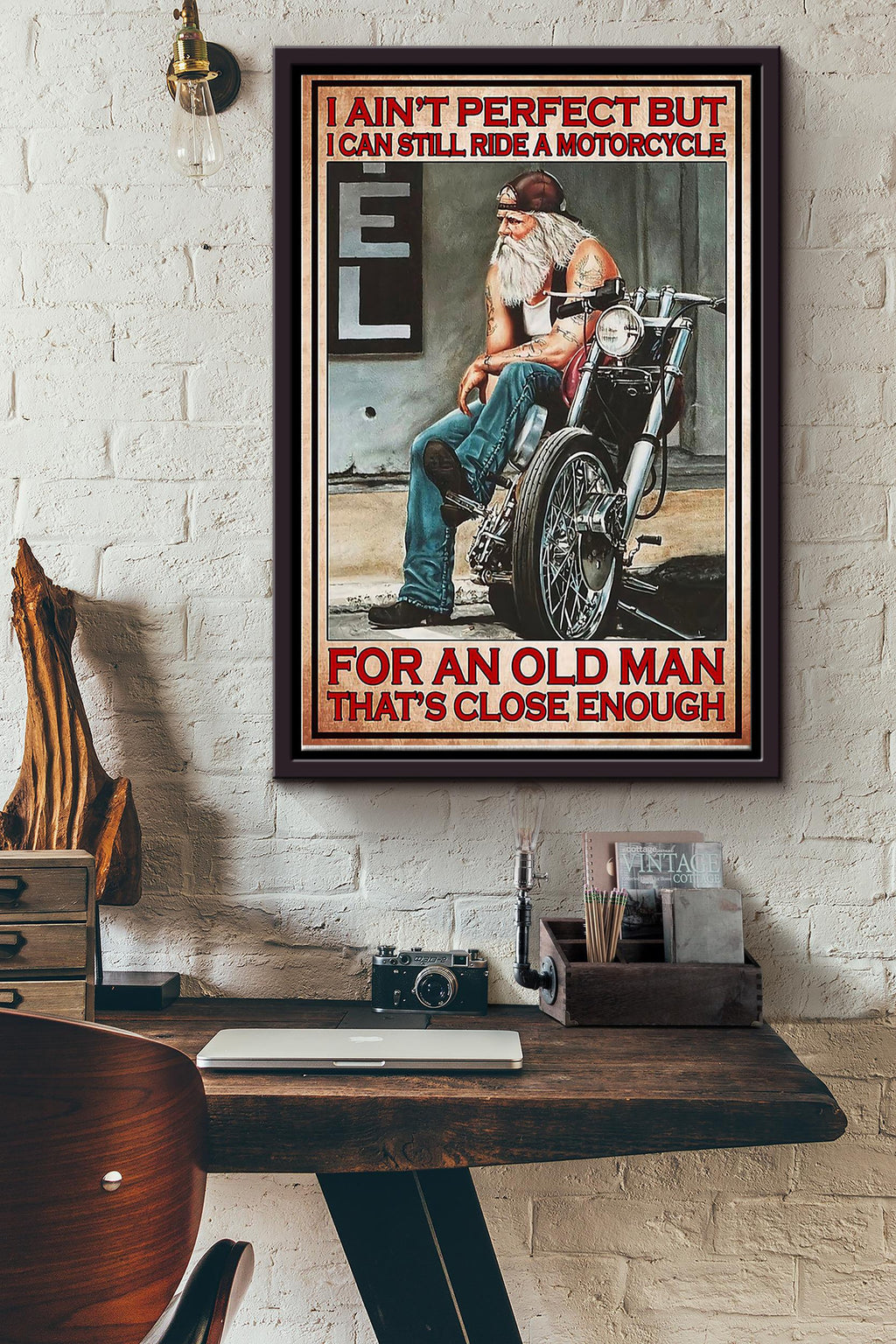 I Aint Perfect But I Still Ride Motorbike Poster - Decor Wall Art Canvas - Gift For Men Him Father Grandfather Fathers Day Old Man Nursing Home Decor Biker Motorcycle Club Racing Team Framed Matte Canvas Framed Prints, Canvas