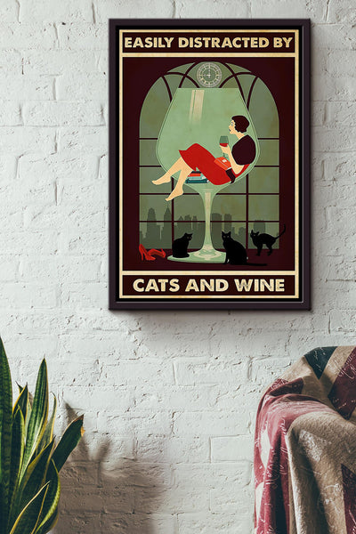 Easily Distracted By Cats And Wine Animal Wall Art Gift For Cat Lover International Cat Day Kitten Foster Wine Lover Framed Canvas Framed Prints, Canvas