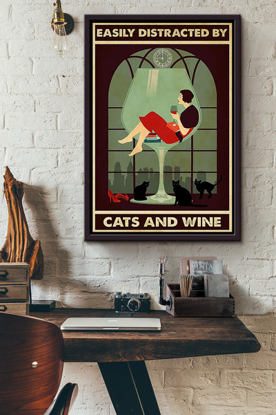 Easily Distracted By Cats And Wine Animal Wall Art Gift For Cat Lover International Cat Day Kitten Foster Wine Lover Framed Canvas Framed Prints, Canvas
