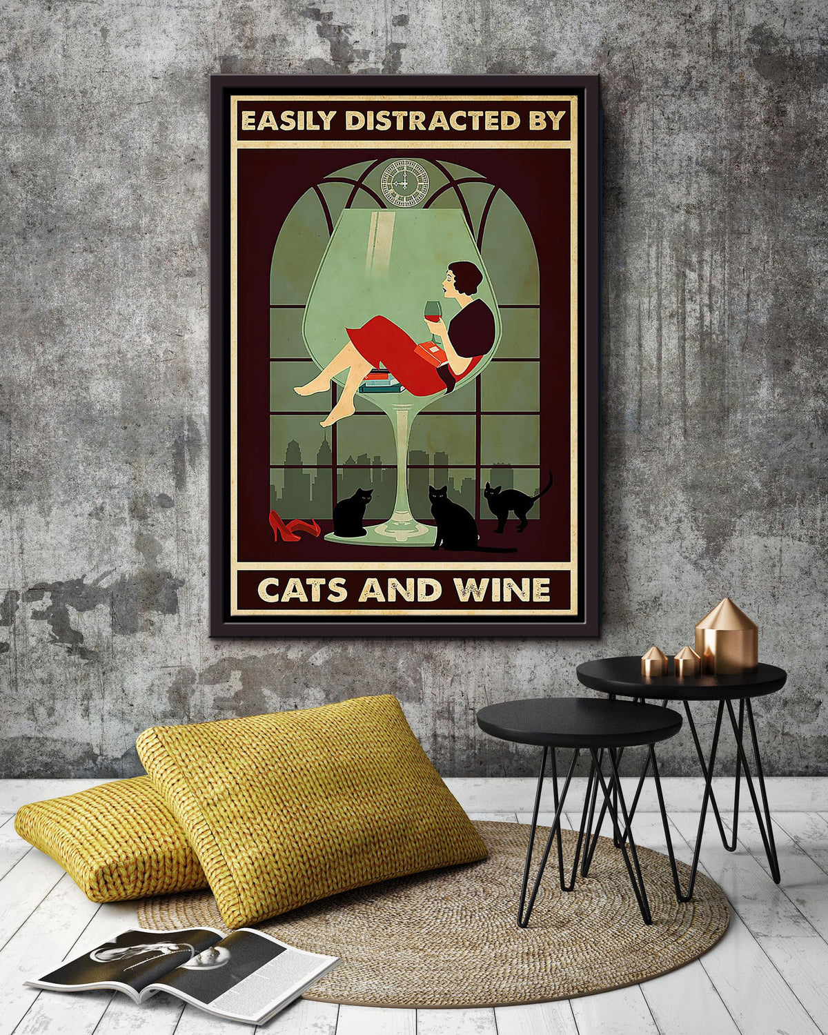 Easily Distracted By Cats And Wine Animal Wall Art Gift For Cat Lover International Cat Day Kitten Foster Wine Lover Framed Canvas Framed Prints, Canvas