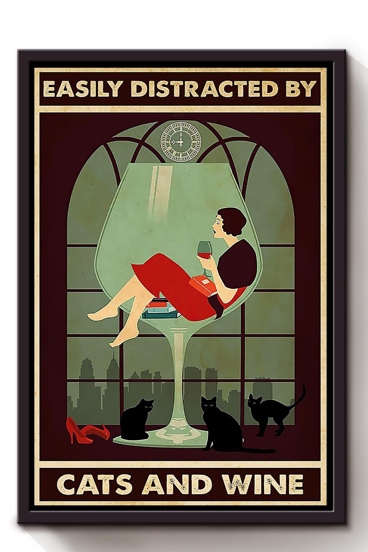 Easily Distracted By Cats And Wine Animal Wall Art Gift For Cat Lover International Cat Day Kitten Foster Wine Lover Framed Canvas Framed Prints, Canvas