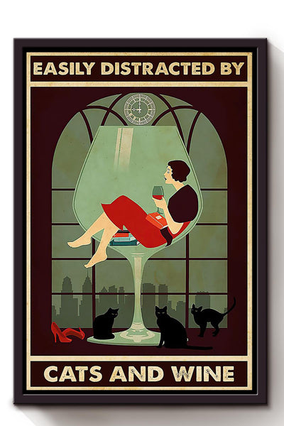 Easily Distracted By Cats And Wine Animal Wall Art Gift For Cat Lover International Cat Day Kitten Foster Wine Lover Framed Canvas Framed Prints, Canvas