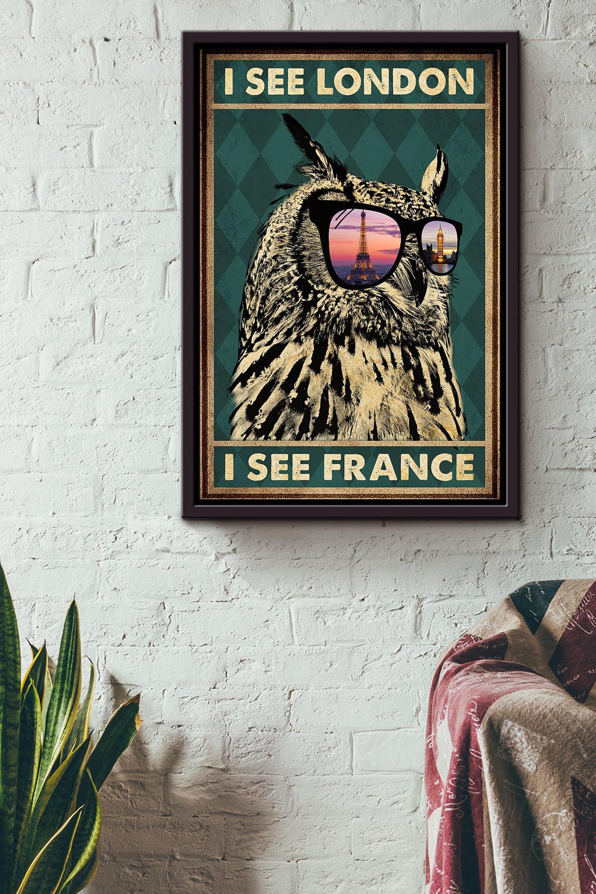 I See London I See France Owl Vintage Wall Art Gift For Home Decor Housewarming Framed Canvas Framed Prints, Canvas