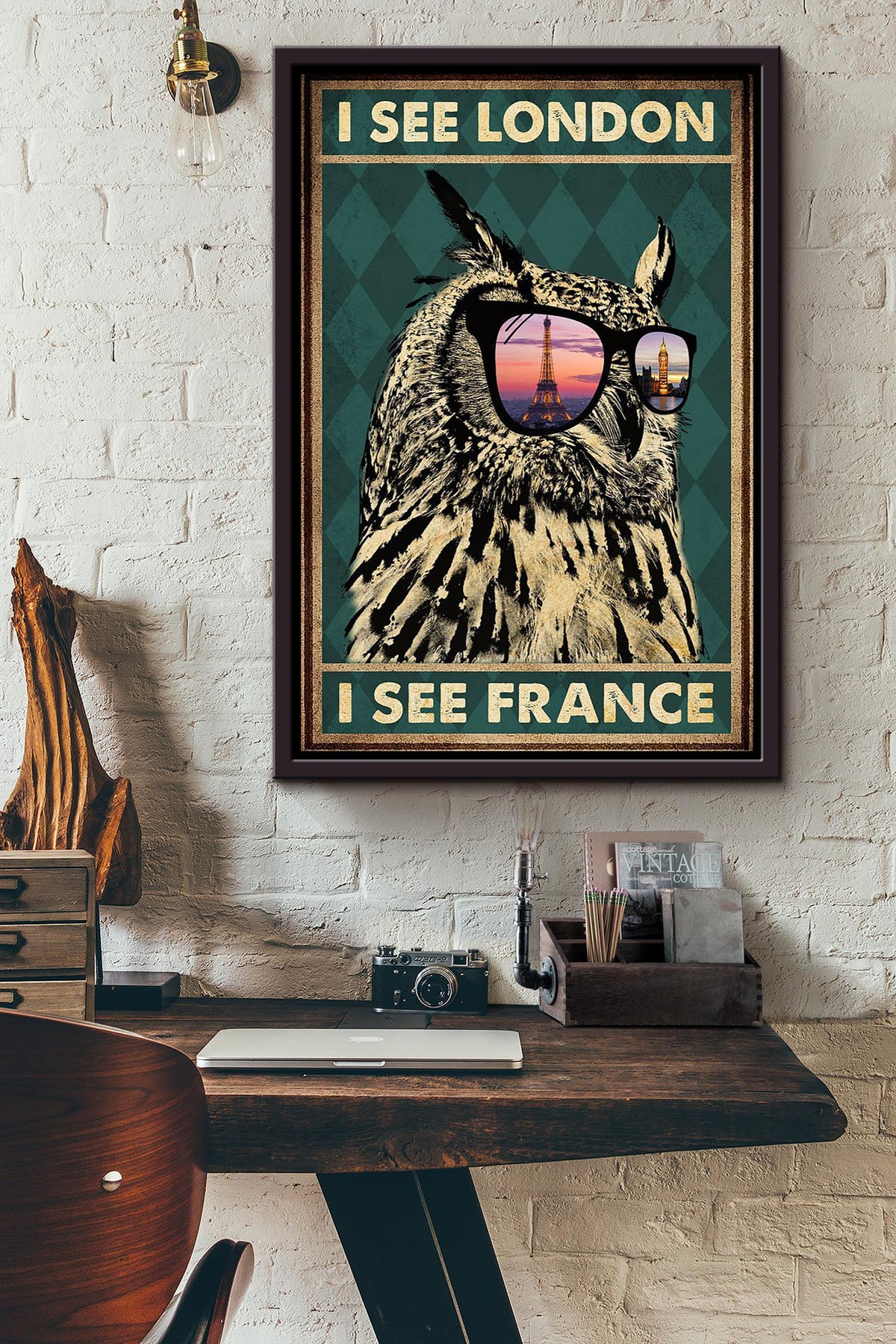 I See London I See France Owl Vintage Wall Art Gift For Home Decor Housewarming Framed Canvas Framed Prints, Canvas