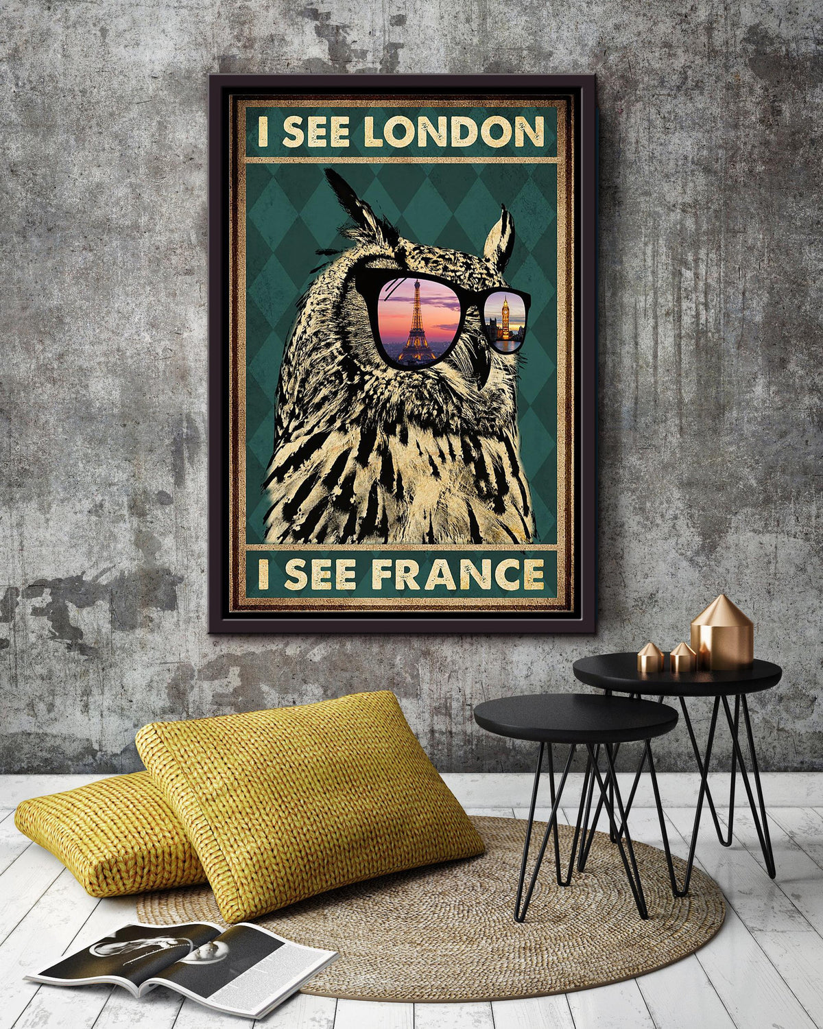 I See London I See France Owl Vintage Wall Art Gift For Home Decor Housewarming Framed Canvas Framed Prints, Canvas